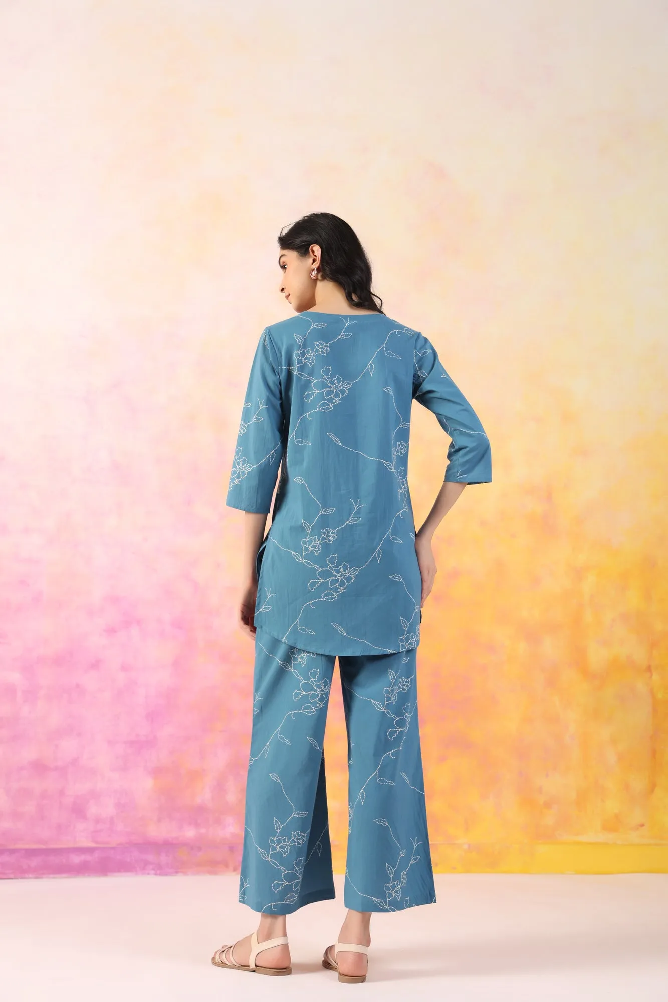 Floral Dots on Aqua Cotton Palazzo Loungewear Set