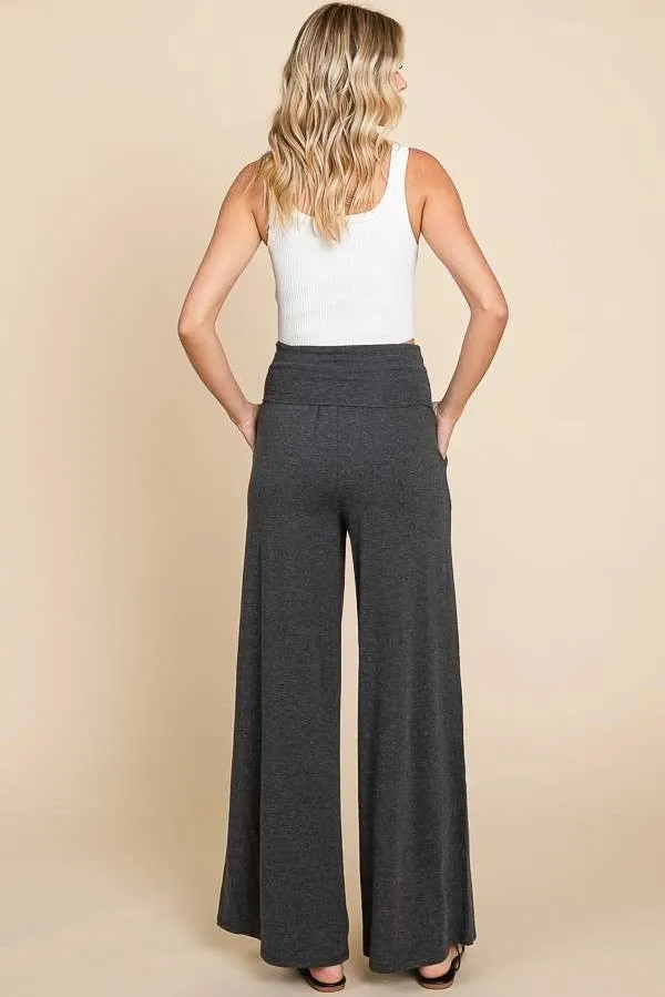 Fold Over Waist Charcoal Palazzo Wide Leg Pants