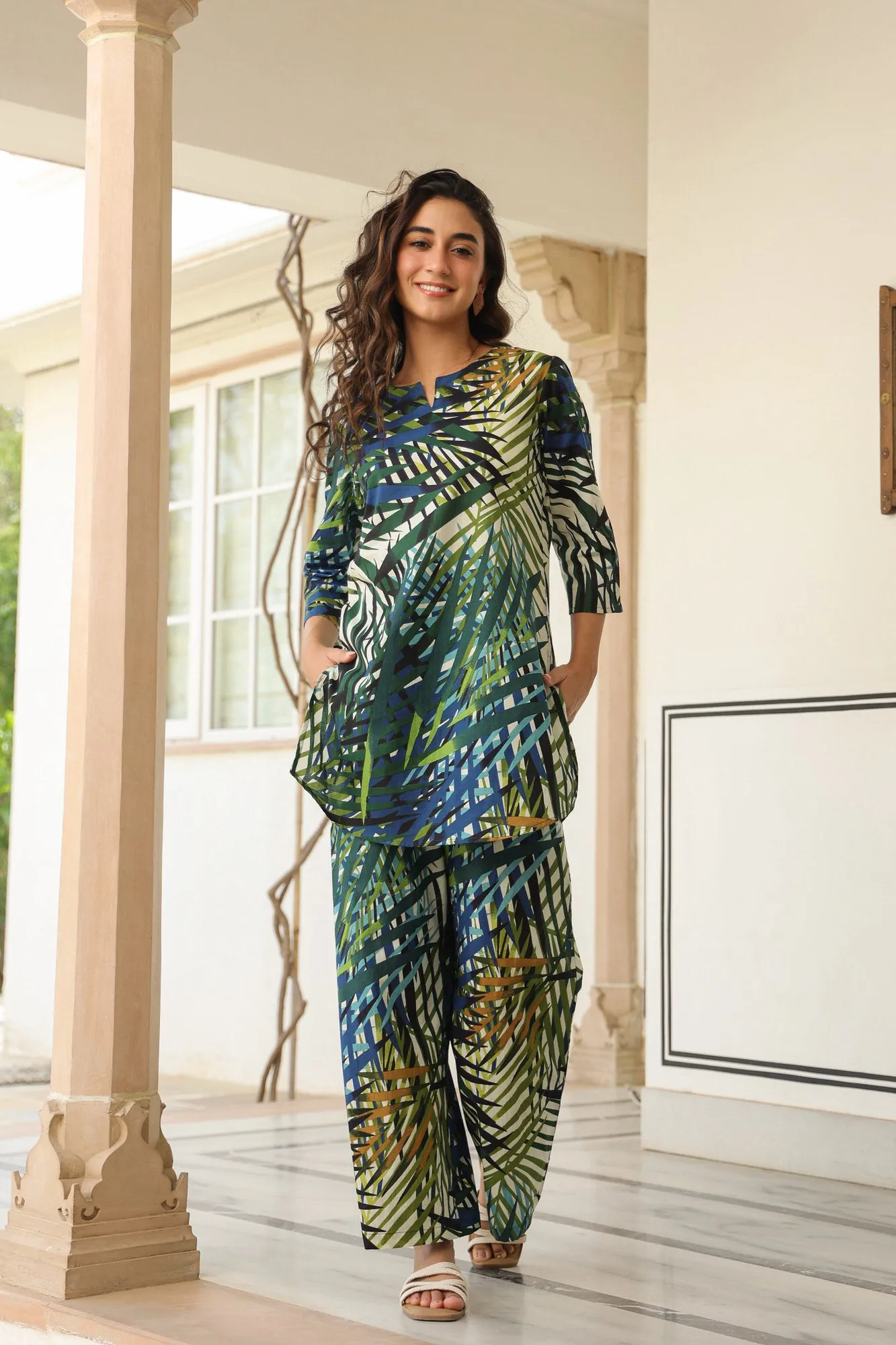 Forest Fern Green Cotton Palazzo Loungewear Set