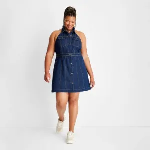 Future Collective Alani Noelle Women's Halter Collared Denim Overall Mini Dress