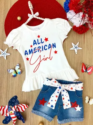 Girls "All American Girl" Top and Sequin Denim Shorts with Sash Set