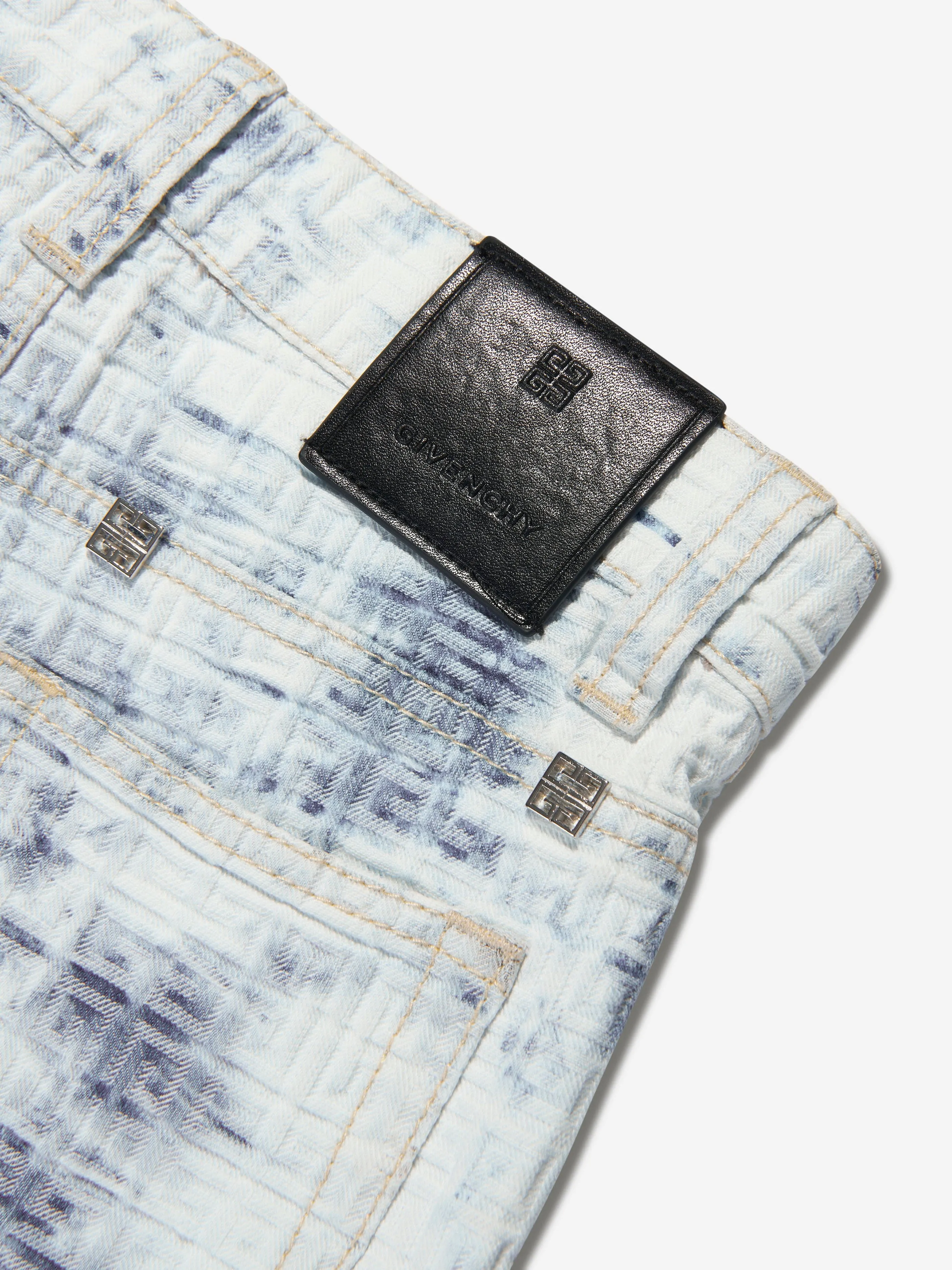 Givenchy Boys 4G Logo Cloud Wash Denim Shorts in Blue