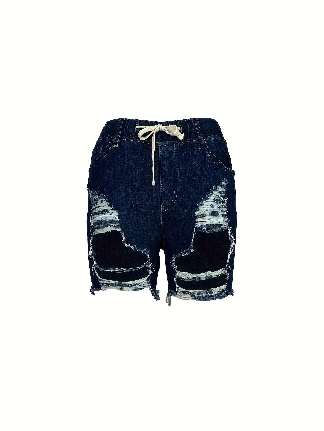 High-Waist Stretch Denim Shorts for Women - Easy-Care, Chic Ripped Detail, Casual Spring/Summer Look