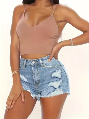 High-Waisted Distressed Ripped Denim Shorts - Stretchy, Frayed Hem, Sporty Style, Solid Color, Summer Casual, No Printing, Woven, High-Quality Denim, Comfortable Fit, Perfect for Spring and Summer Season