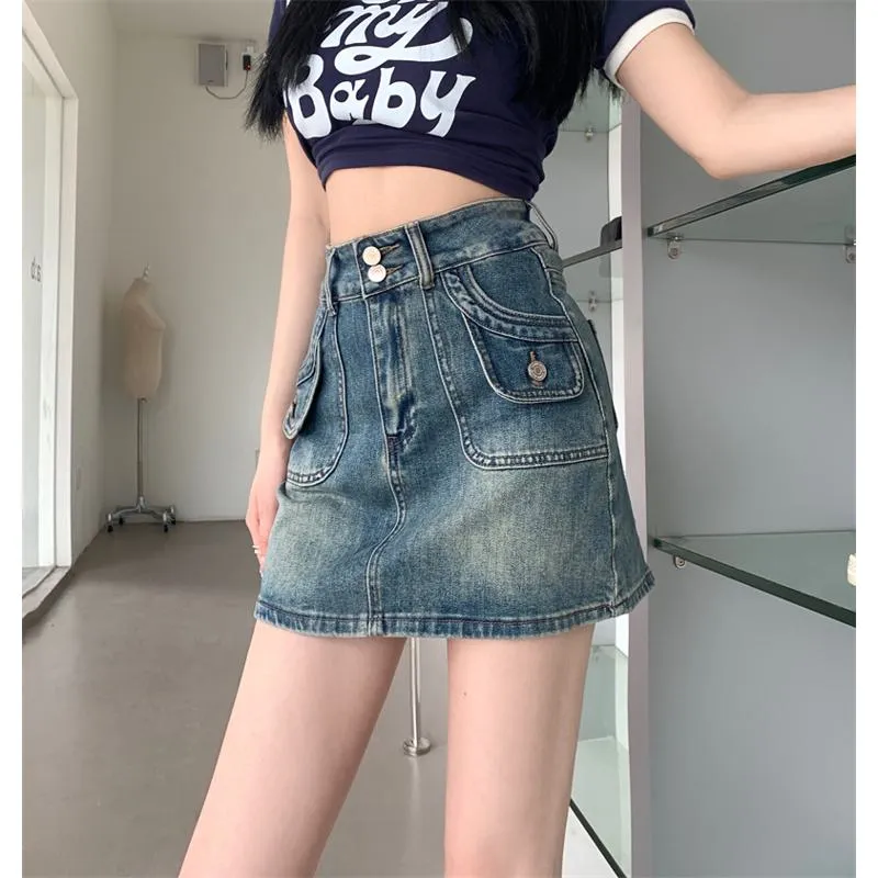 High-Waisted Retro A-Line Bodycon Denim Skirt