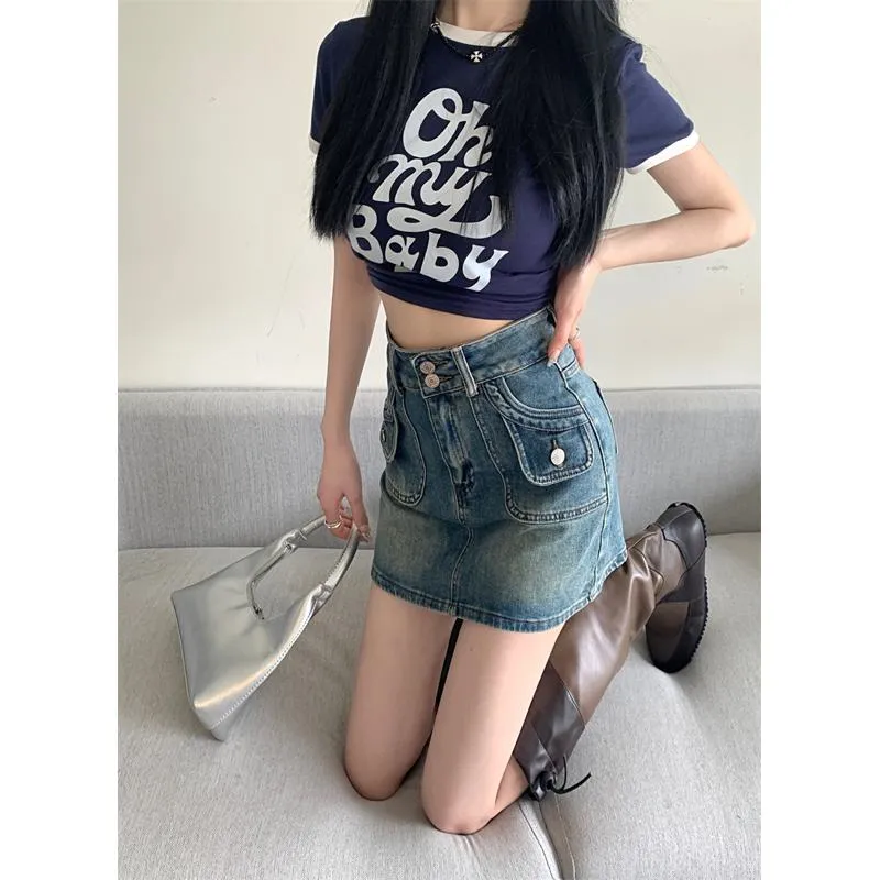 High-Waisted Retro A-Line Bodycon Denim Skirt