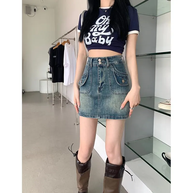 High-Waisted Retro A-Line Bodycon Denim Skirt