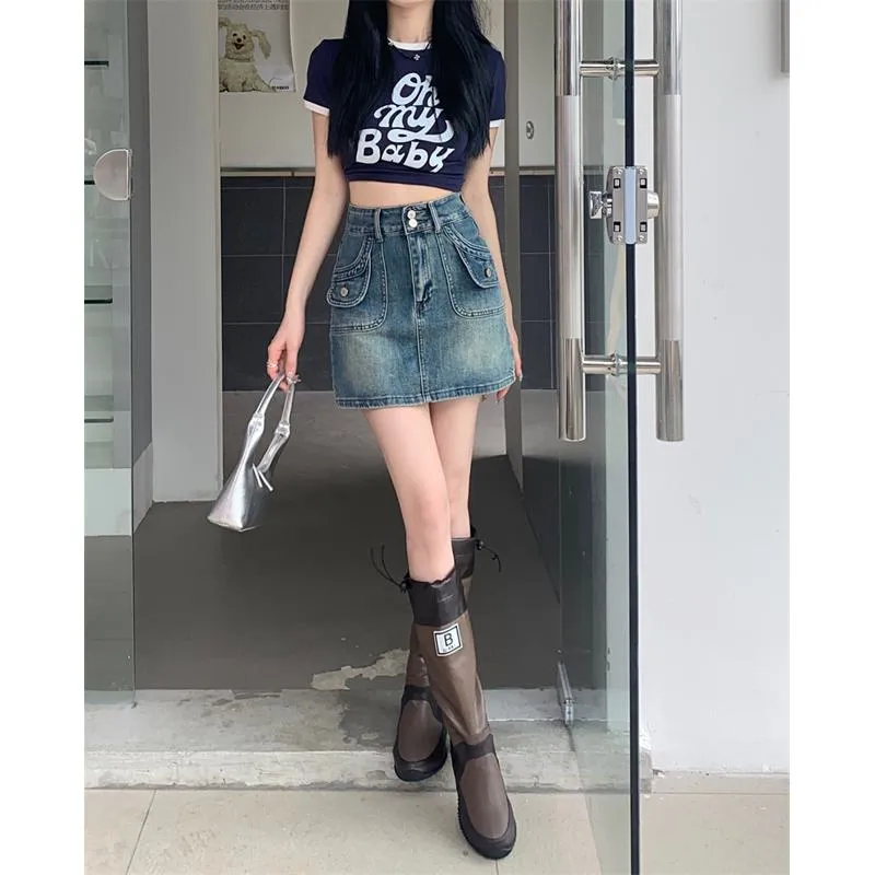 High-Waisted Retro A-Line Bodycon Denim Skirt