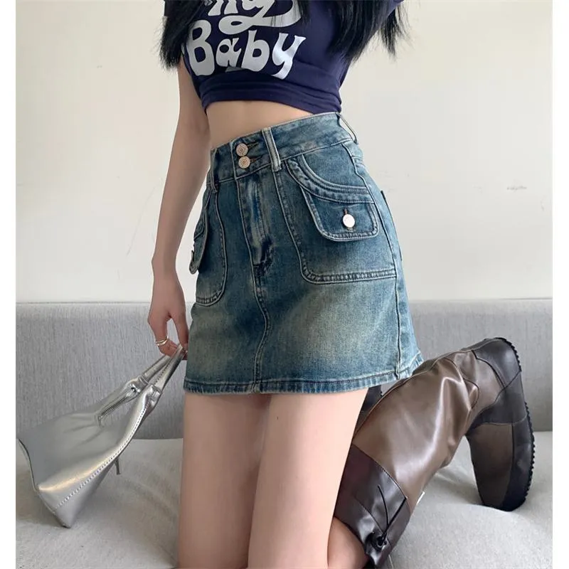 High-Waisted Retro A-Line Bodycon Denim Skirt