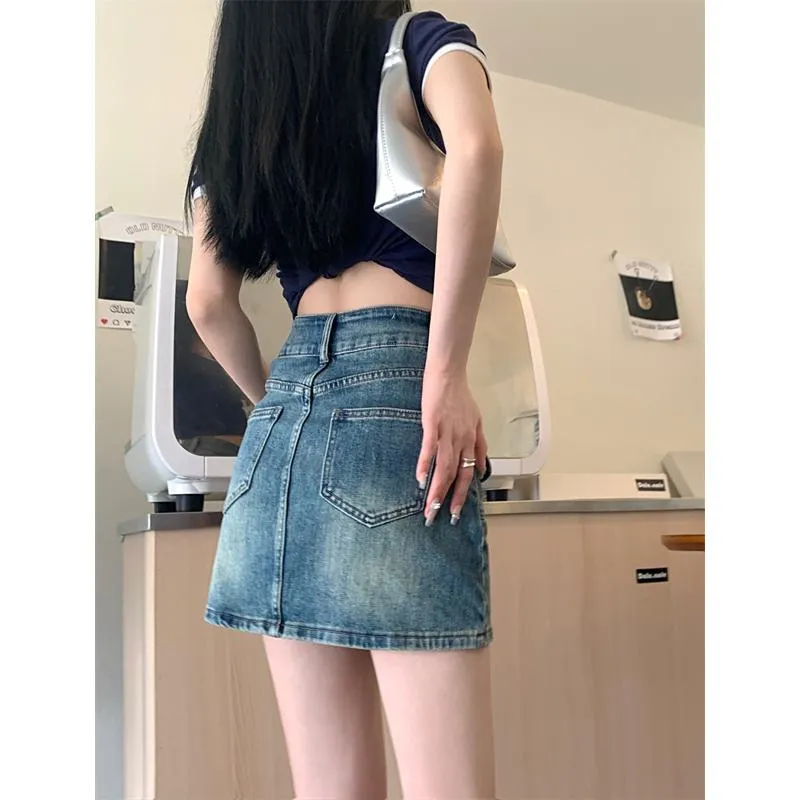 High-Waisted Retro A-Line Bodycon Denim Skirt