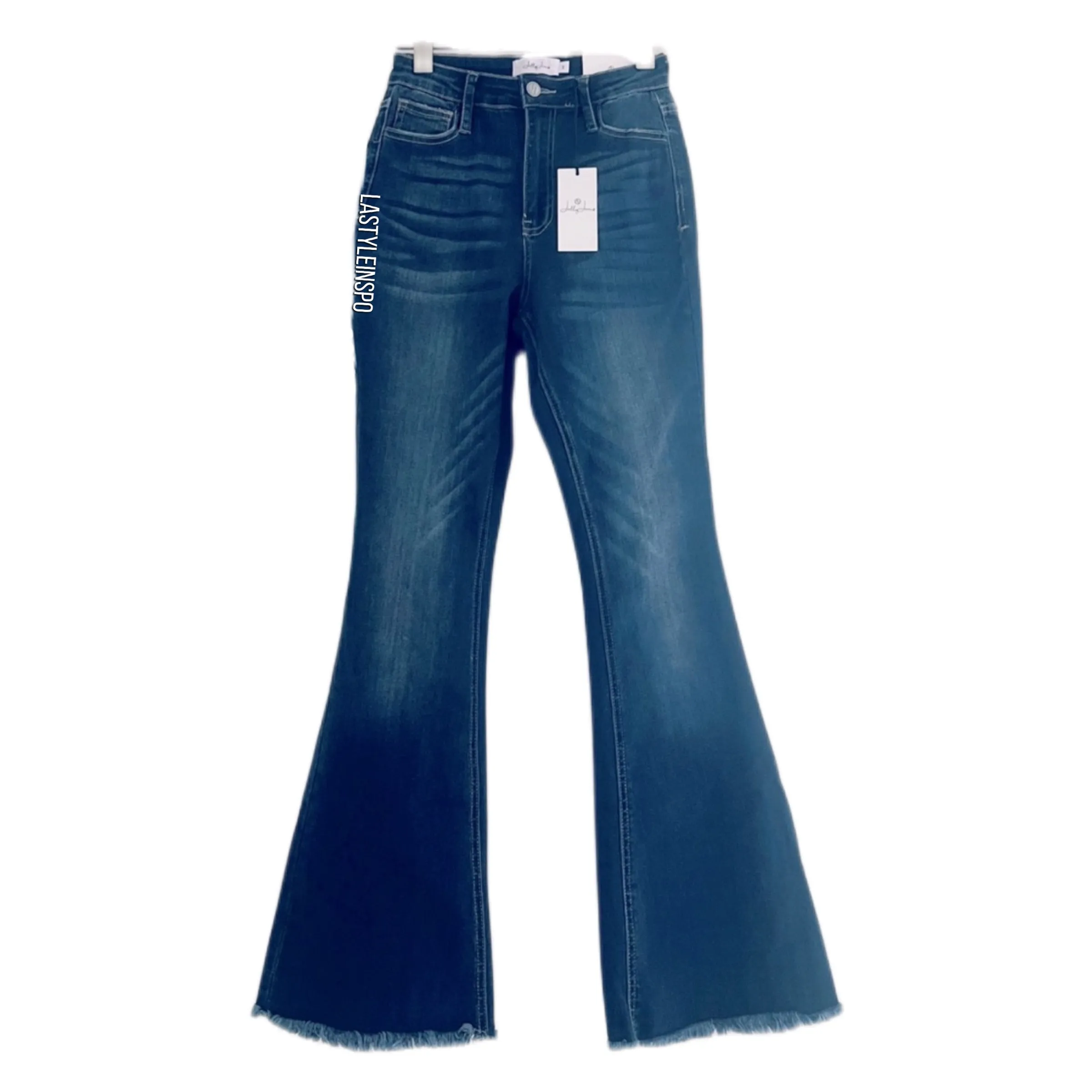 Jelly Jeans Bell Bottom Jeans Frayed High Wasted Indigo Size 1, 3, 5, 7, 9, 11, 13 and Plus 14, 16, 18, 20, 22