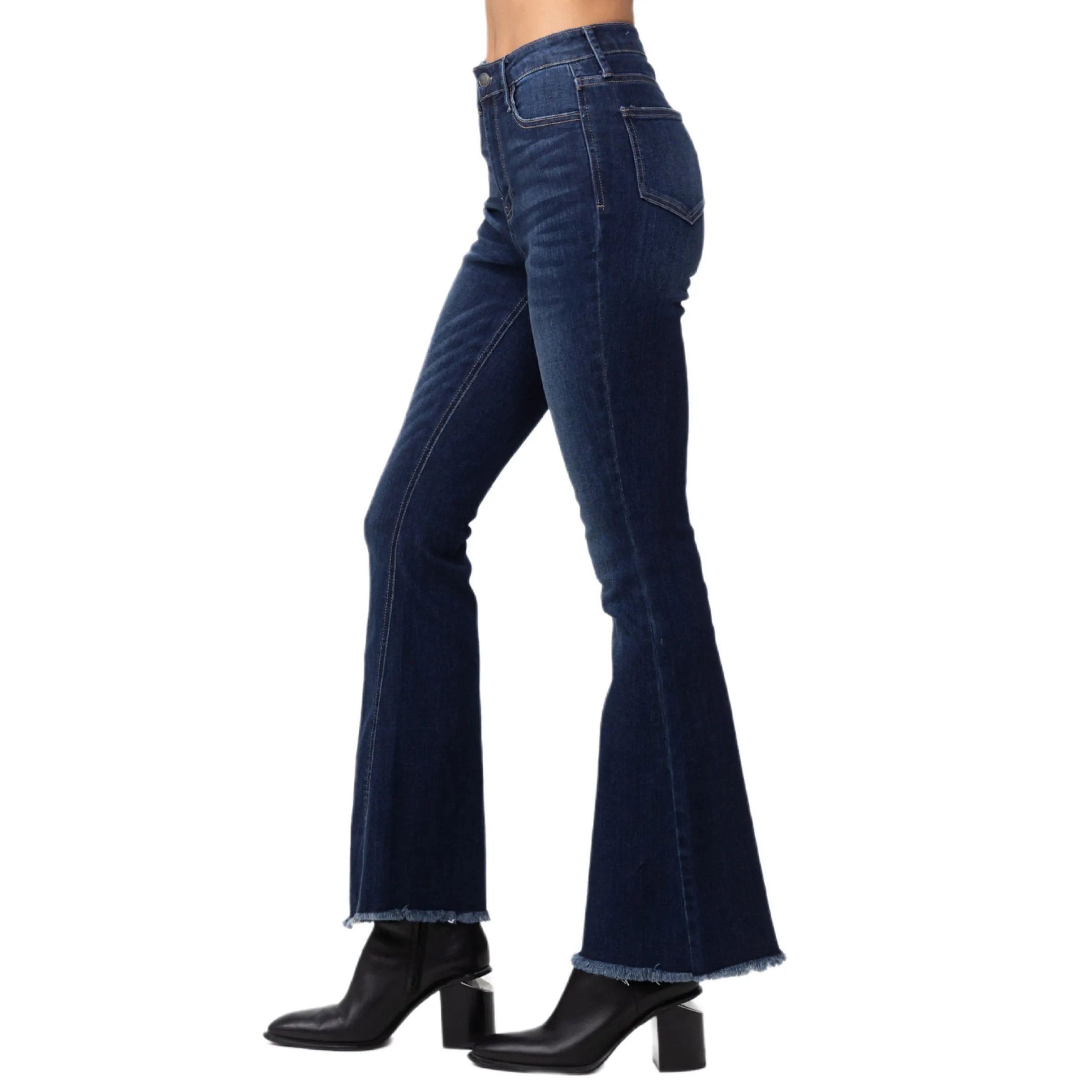 Jelly Jeans Bell Bottom Jeans Frayed High Wasted Indigo Size 1, 3, 5, 7, 9, 11, 13 and Plus 14, 16, 18, 20, 22