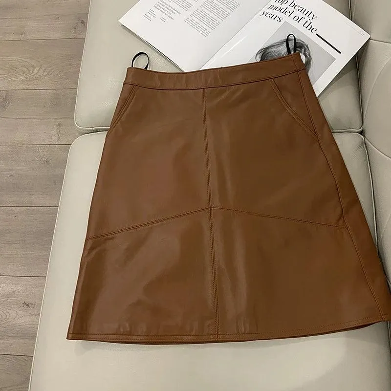 K POP Genuine Leather High Waist Mini Short Skirts with Plus Size Womens