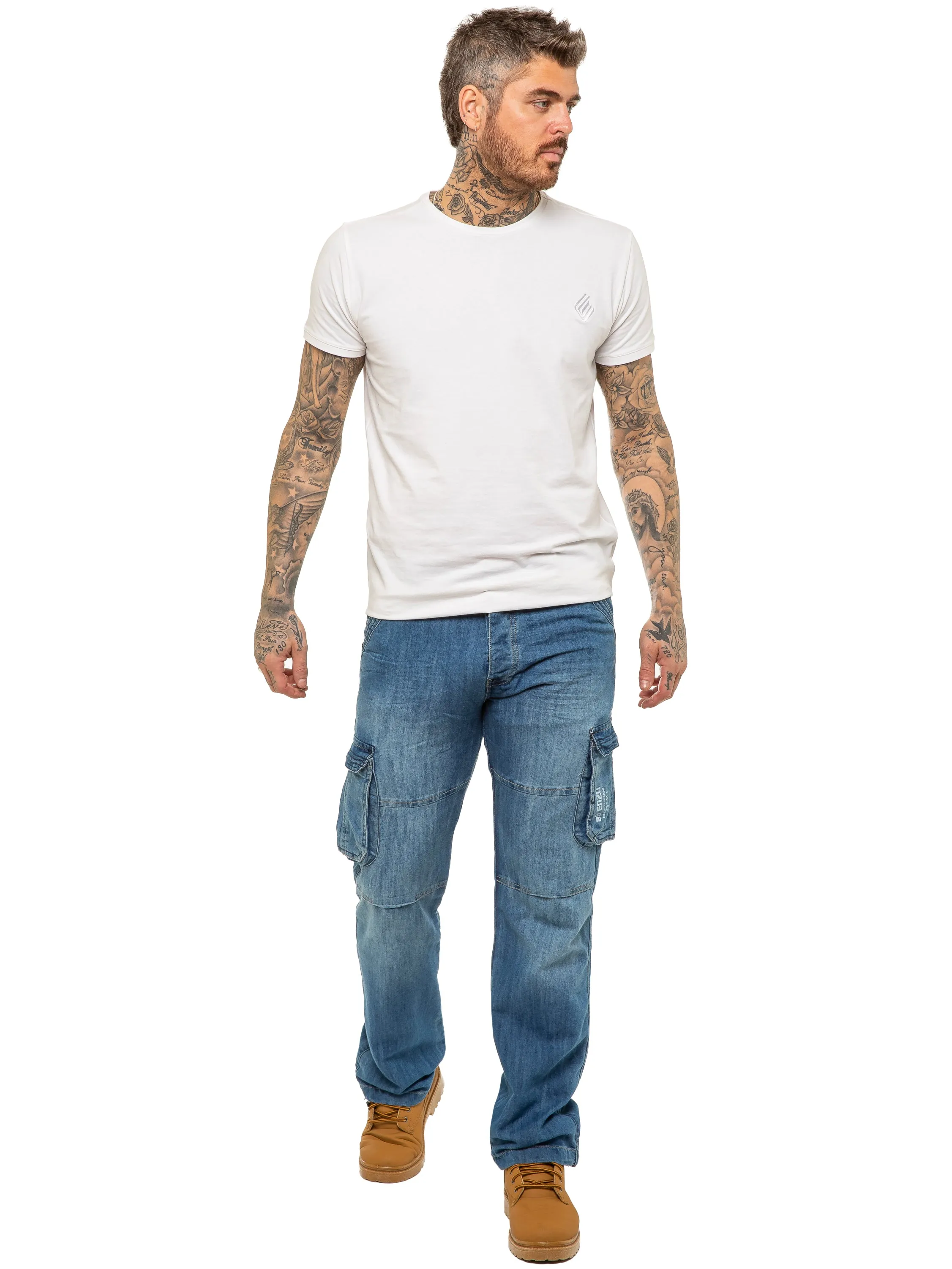 Mens Light Blue Combat Denim Jeans Mid Stonewash | Enzo Designer Menswear