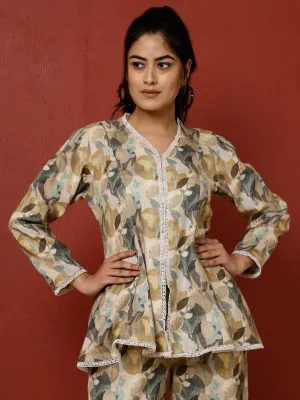 Olive Green Abstract Printed Top With Palazzo Co-ord Set