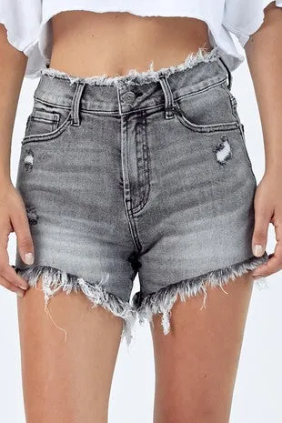 On Repeat Frayed Waist and Hem Denim Shorts - Gray