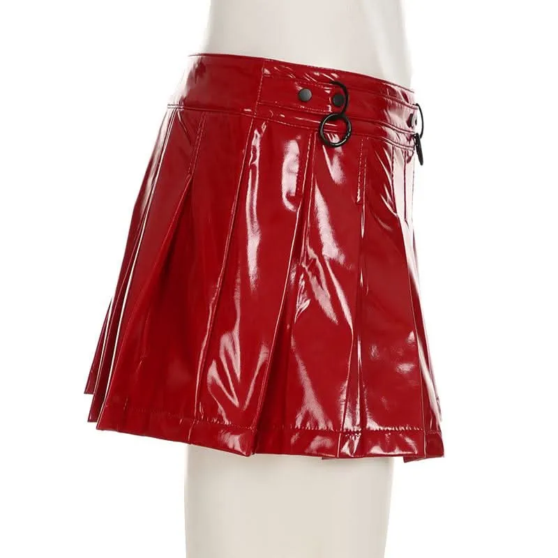 PU leather pleated A line o ring mini skirt