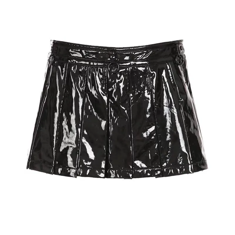 PU leather pleated A line o ring mini skirt