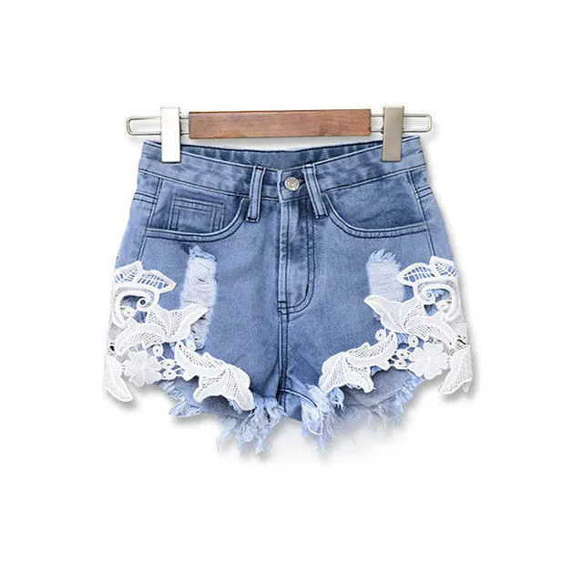 Ripped High Waist Shorts with Crochet Lace Inset