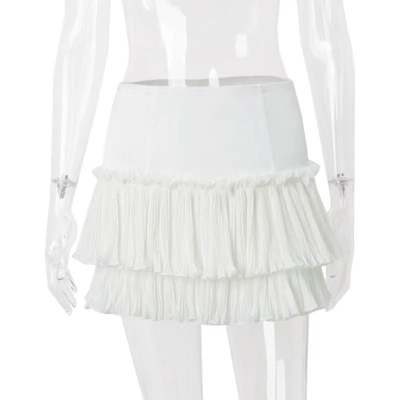 Ruched ruffle zip-up A line solid mini skirt