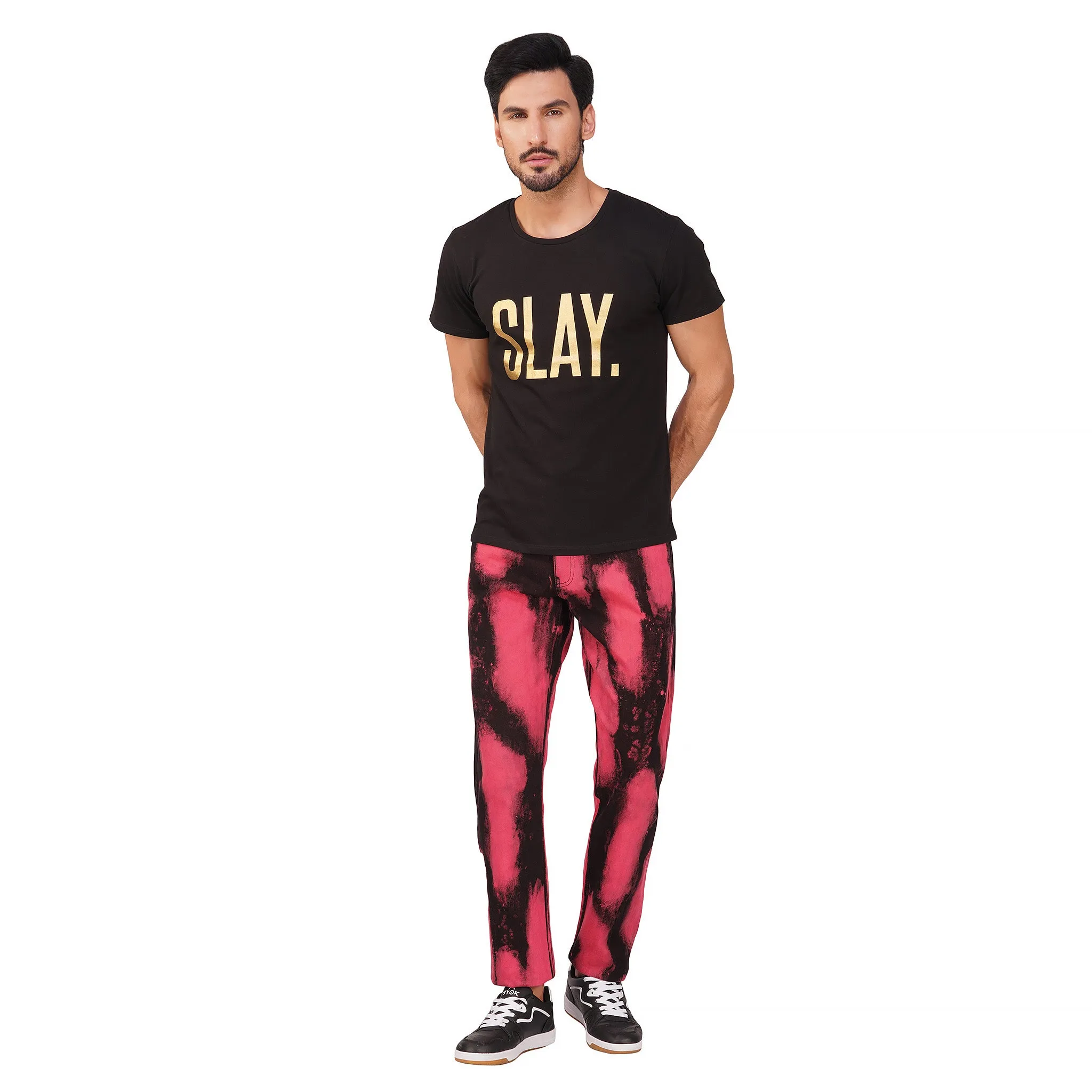 SLAY. Men's "Deadpool Theme" Red & Black Tie Dye Button-Down Ripped Denim Jeans