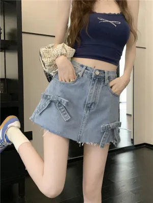 Summer Waist Denim Raw Mini High Vintage A-line Bows Hem Casual Korean Skirt