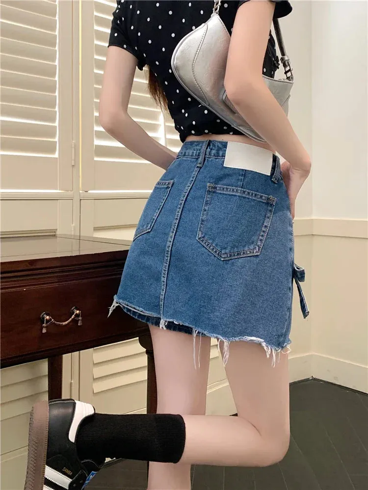 Summer Waist Denim Raw Mini High Vintage A-line Bows Hem Casual Korean Skirt