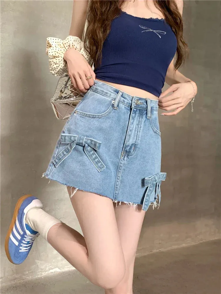 Summer Waist Denim Raw Mini High Vintage A-line Bows Hem Casual Korean Skirt