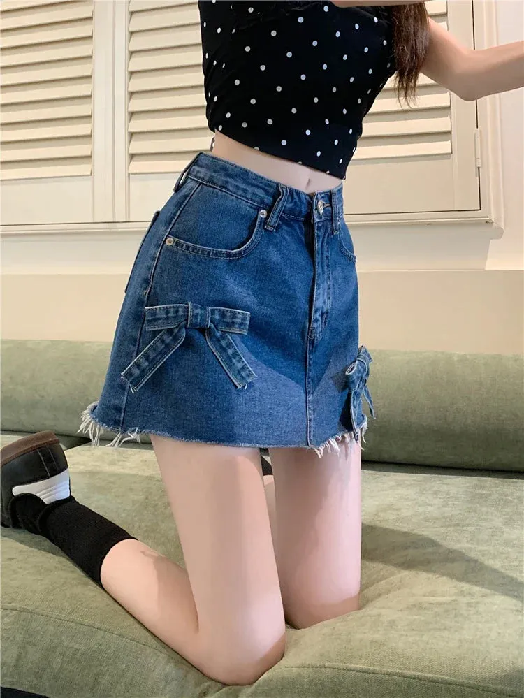 Summer Waist Denim Raw Mini High Vintage A-line Bows Hem Casual Korean Skirt