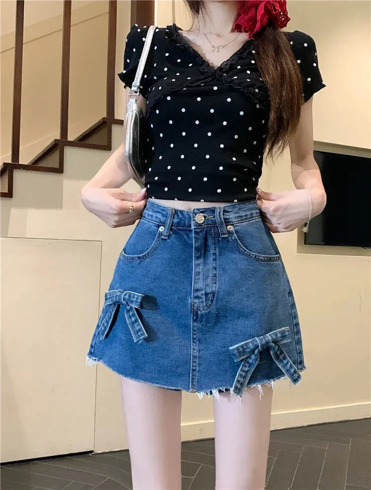 Summer Waist Denim Raw Mini High Vintage A-line Bows Hem Casual Korean Skirt