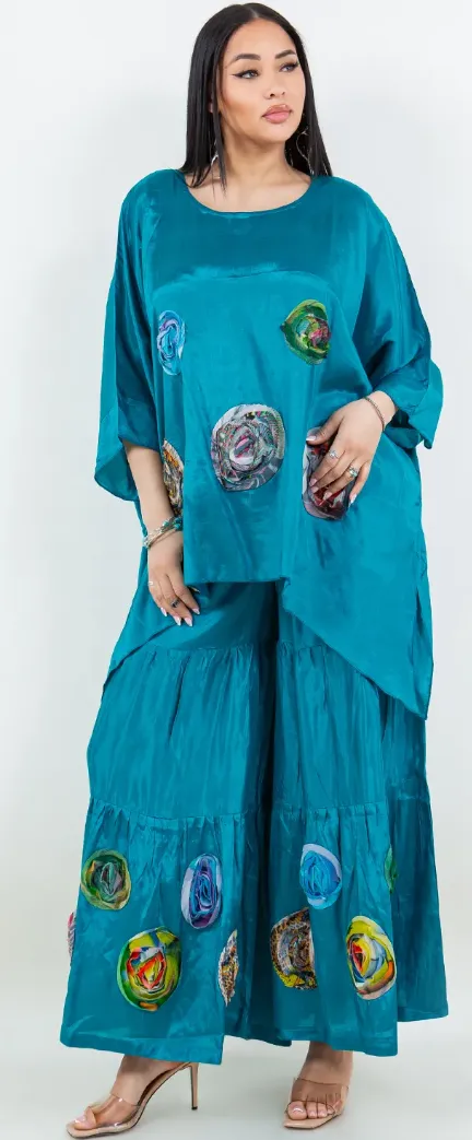 Teal & Rosettes Sunheart  Top & Palazzo Pants Set Boho Hippie Chic Resort Wear Sml-2X 