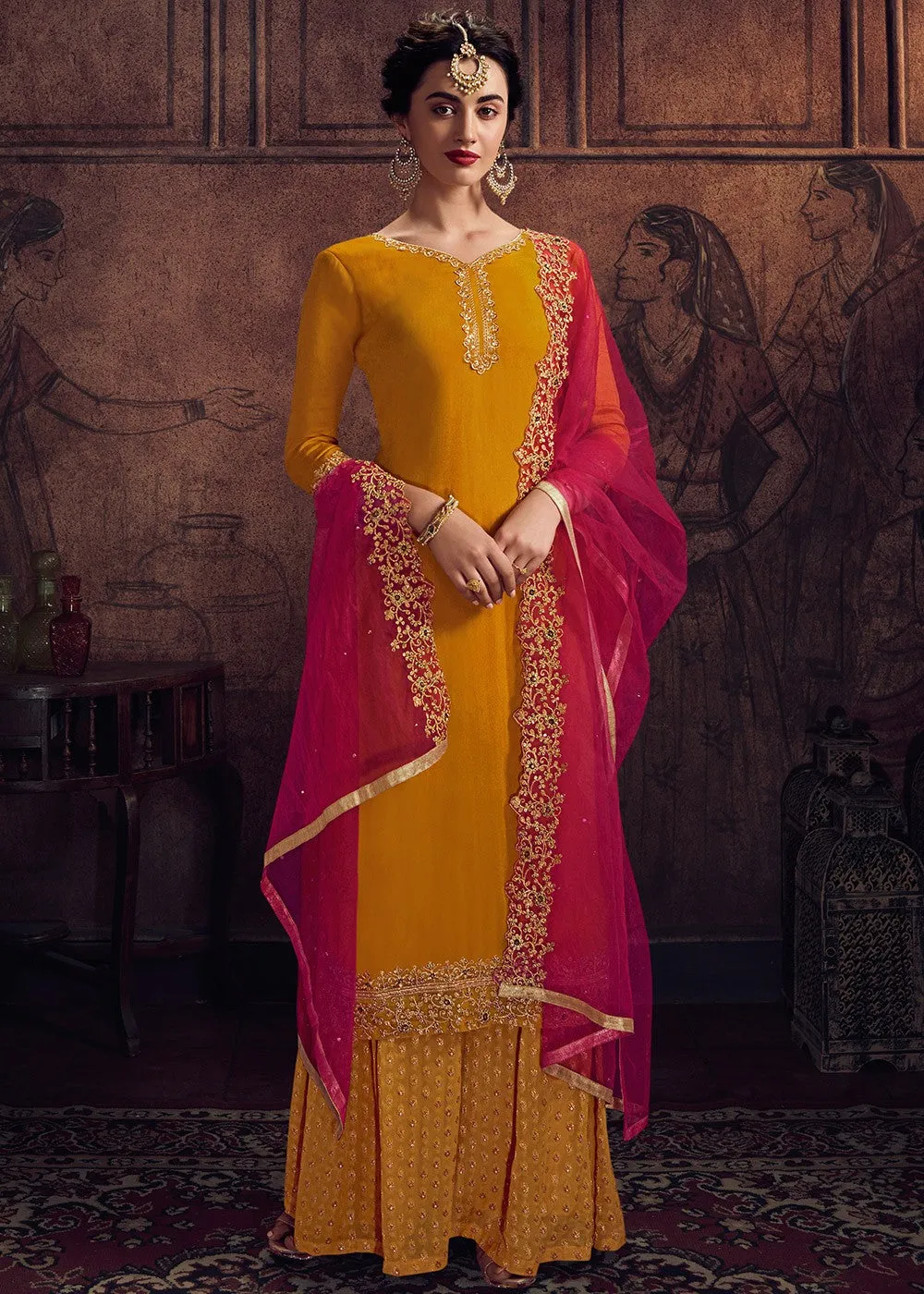 Yellow and Pink Embroidered Pakistani Palazzo Suit